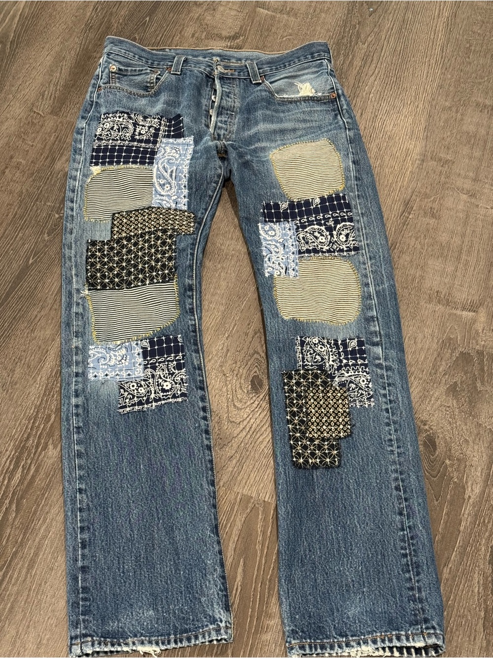 Upcycled distressed Levi's Blue Straight Jeans with Striped Patchwork Knees